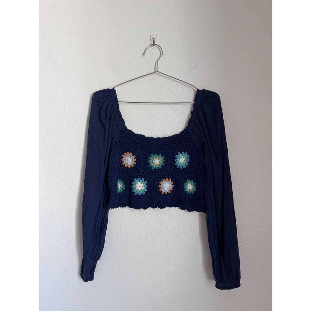 Aerie Crochet Crop Top in Navy Combo Size SMALL